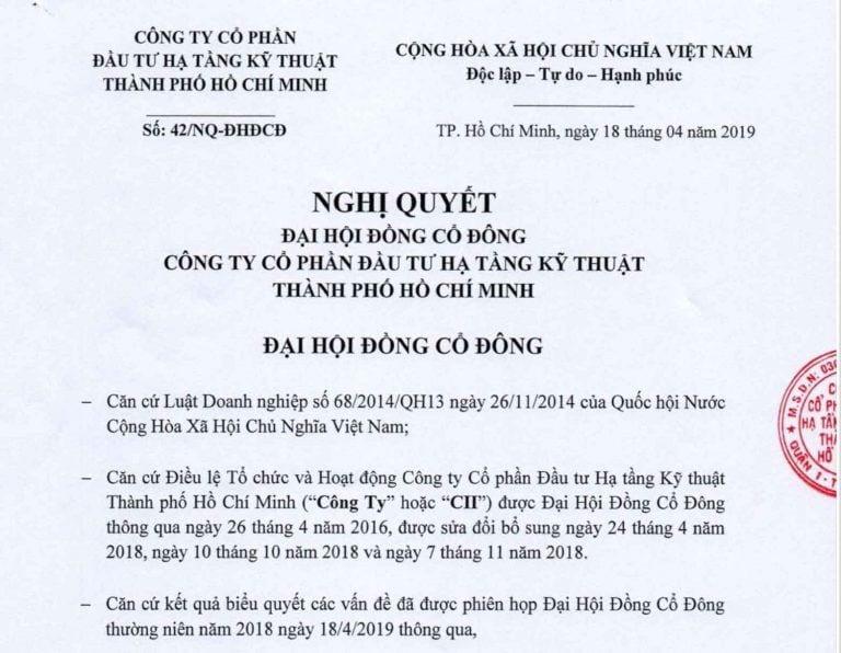 Nghị quyết Đại Hội Cổ Đông Công ty CII năm 2018